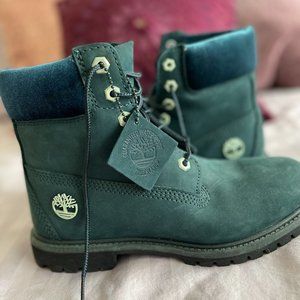 TIMBERLAND BOOTS sz. 7.5 Dark Teal / Emerald Velvet Top - Good Condition, Used